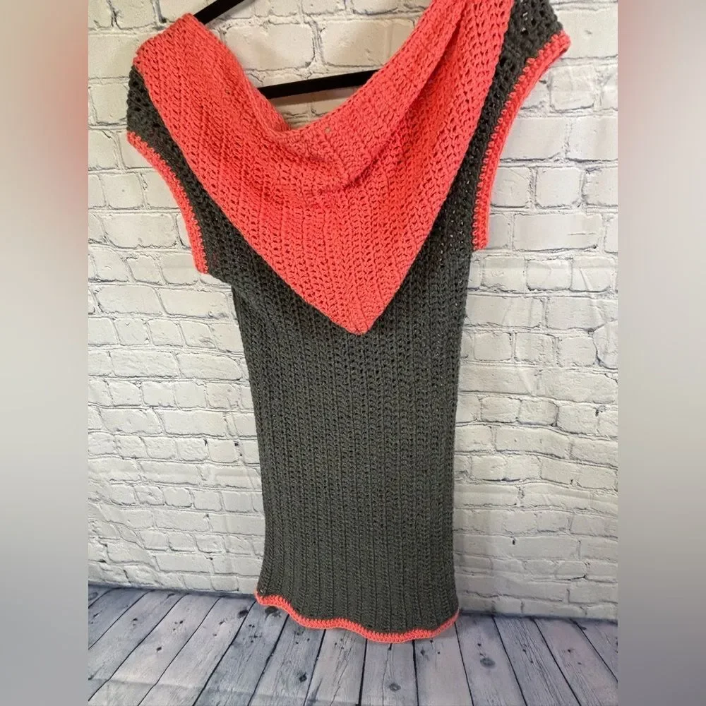 Handknit Gray Melon Cap Sleeve Pullover Hooded Boho Whimsigoth Sweater Vest S